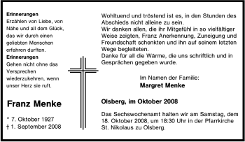 Traueranzeige von Franz Menke von Tageszeitung