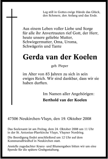 Traueranzeige von Gerda van der Koelen von Tageszeitung