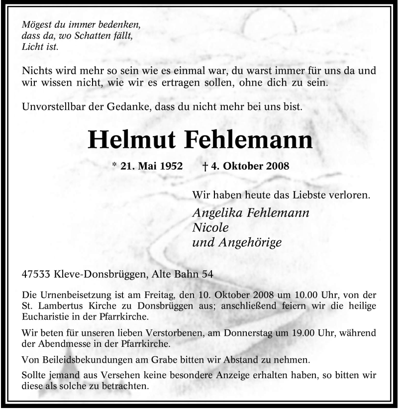  Traueranzeige für Helmut Fehlemann vom 07.10.2008 aus Tageszeitung