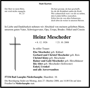 Traueranzeige von Heinz Mescheder von Tageszeitung