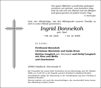 Traueranzeige von Ingrid Bonnekoh von Tageszeitung