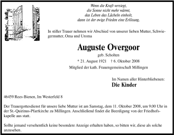 Traueranzeige von Auguste Overgoor von Tageszeitung
