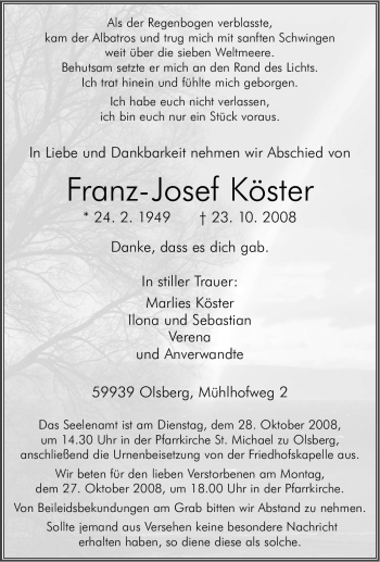Traueranzeige von Franz-Josef Köster von Tageszeitung