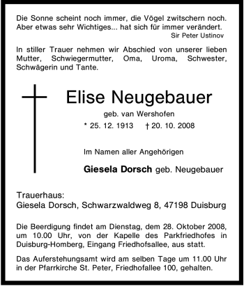 Traueranzeige von Elise Neugebauer von Tageszeitung