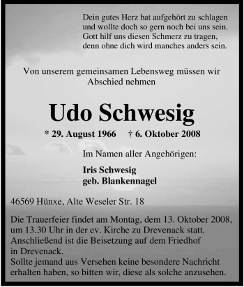 Traueranzeige von Udo Schwesig von Tageszeitung