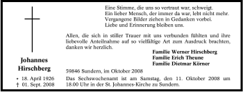 Traueranzeige von Johannes Hirschberg von Tageszeitung