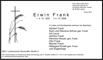 Traueranzeige von Erwin Frank von Tageszeitung