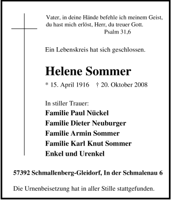 Traueranzeige von Helene Sommer von Tageszeitung