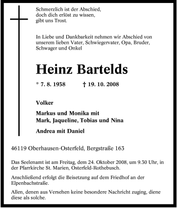 Traueranzeige von Heinz Bartelds von Tageszeitung