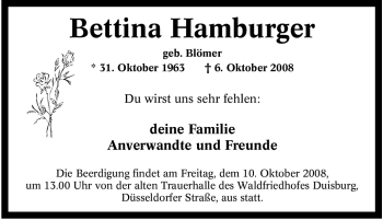 Traueranzeige von Bettina Hamburger von Tageszeitung