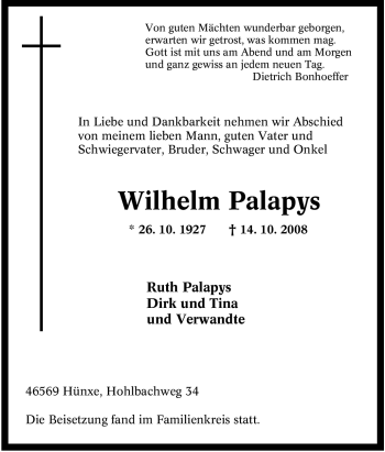 Traueranzeige von Wilhelm Palapys von Tageszeitung