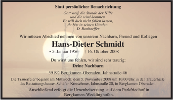 Traueranzeige von Hans-Dieter Schmidt von Tageszeitung