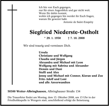 Traueranzeige von Siegfried Niederste-Ostholt von Tageszeitung