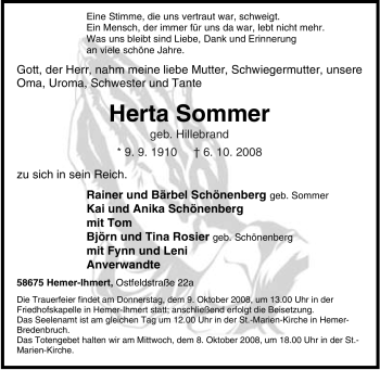 Traueranzeige von Herta Sommer von Tageszeitung