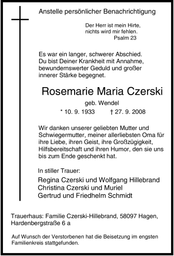 Traueranzeige von Rosemarie Maria Czerski von Tageszeitung