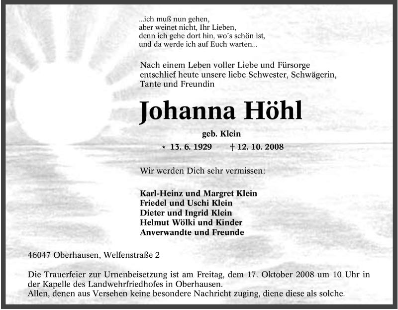  Traueranzeige für Johanna Höhl vom 14.10.2008 aus Tageszeitung