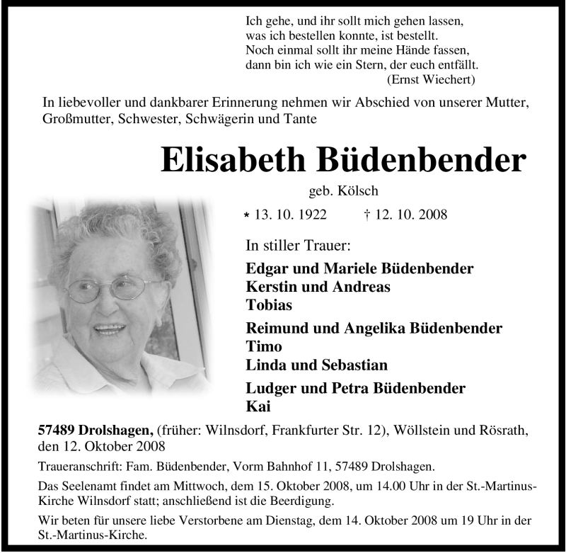  Traueranzeige für Elisabeth Büdenbender vom 14.10.2008 aus Tageszeitung