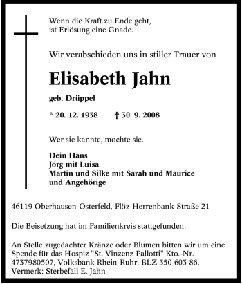 Traueranzeige von Elisabeth Jahn von Tageszeitung