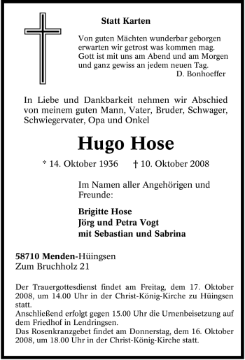 Traueranzeige von Hugo Hose von Tageszeitung