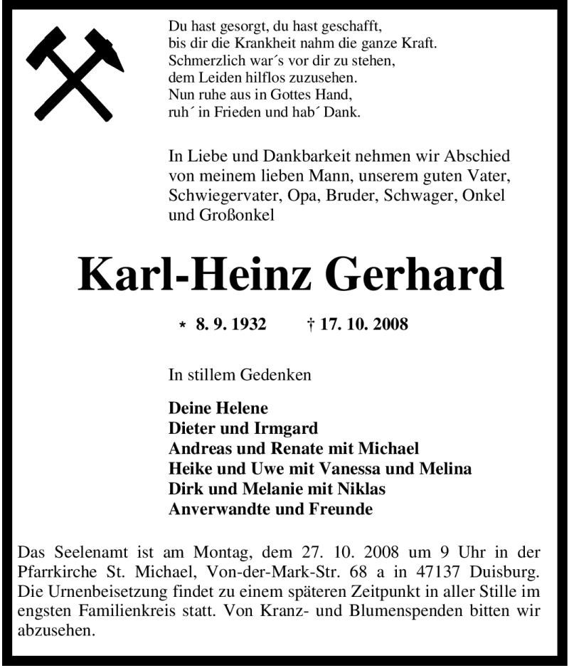 Traueranzeigen von Karl-Heinz Gerhard | Trauer-in-NRW.de