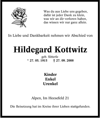 Traueranzeige von Hildegard Kottwitz von Tageszeitung