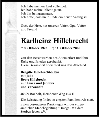 Traueranzeige von Karlheinz Hillebrecht von Tageszeitung