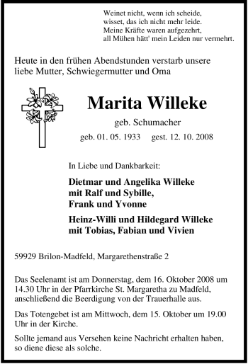 Traueranzeige von Marita Willeke von Tageszeitung
