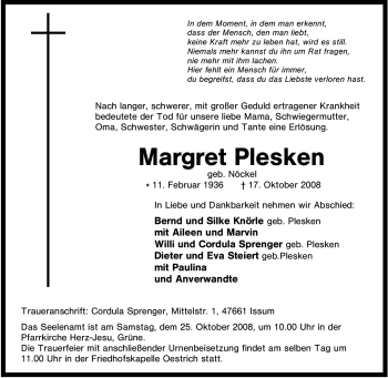 Traueranzeige von Margret Plesken von Tageszeitung