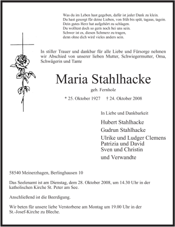 Traueranzeige von Maria Stahlhacke von Tageszeitung