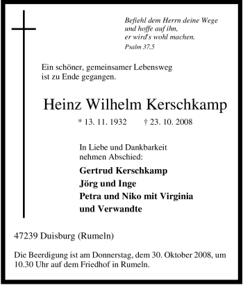 Traueranzeige von Heinz Wilhelm Kerschkamp von Tageszeitung