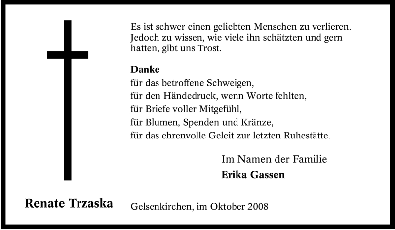  Traueranzeige für Renate Trzaska vom 04.10.2008 aus Tageszeitung