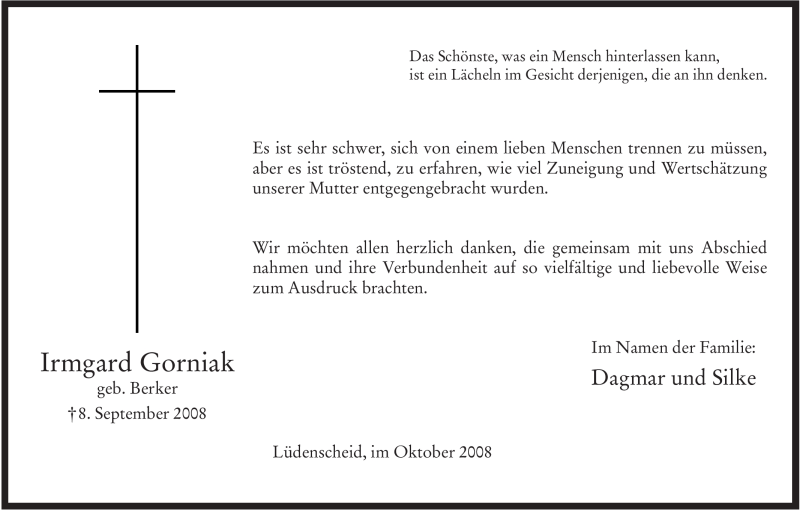  Traueranzeige für Irmgard Gorniak vom 24.10.2008 aus Tageszeitung