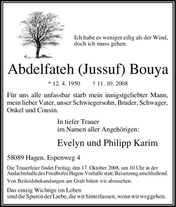 Traueranzeige von Abdelfateh (Jussuf) Bouya von Tageszeitung