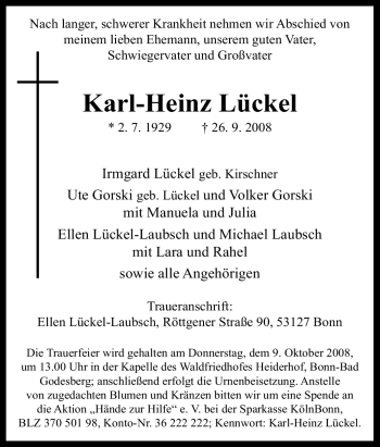 Traueranzeige von Karl-Heinz Lückel von Tageszeitung
