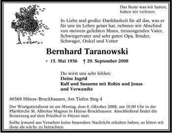 Traueranzeige von Bernhard Taranowski von Tageszeitung