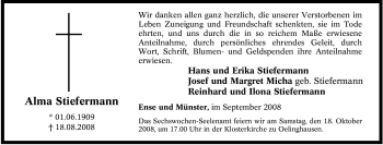 Traueranzeige von Alma Stiefermann von Tageszeitung