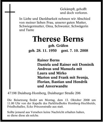 Traueranzeige von Therese Berns von Tageszeitung