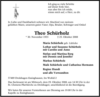 Traueranzeige von Theo Schürholz von Tageszeitung