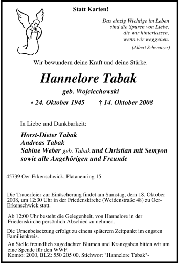 Traueranzeige von Hannelore Tabak von Tageszeitung