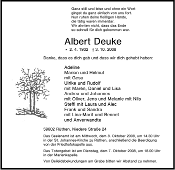 Traueranzeige von Albert Deuke von Tageszeitung