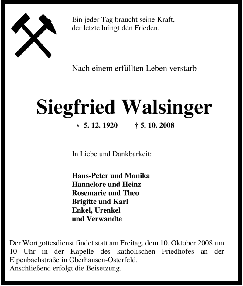  Traueranzeige für Siegfried Walsinger vom 07.10.2008 aus Tageszeitung