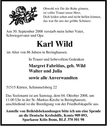 Traueranzeige von Karl Wild von Tageszeitung