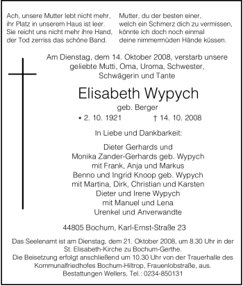 Traueranzeige von Elisabeth Wypych von Tageszeitung