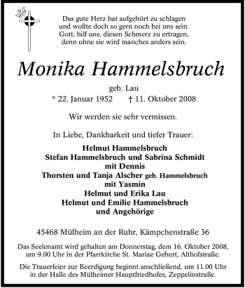 Traueranzeige von Monika Hammelsbruch von Tageszeitung