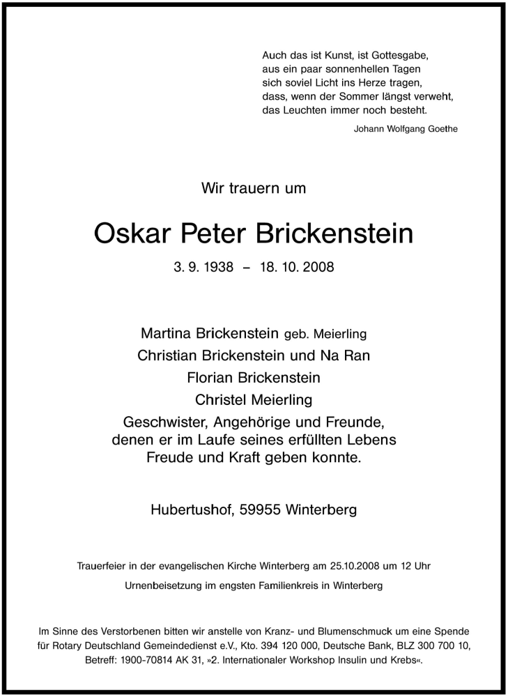  Traueranzeige für Oskar Peter Brickenstein vom 21.10.2008 aus Tageszeitung