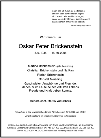 Traueranzeige von Oskar Peter Brickenstein von Tageszeitung