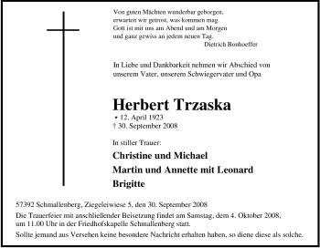 Traueranzeige von Herbert Trzaska von Tageszeitung