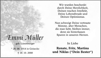 Traueranzeige von Emmi Müller von Tageszeitung