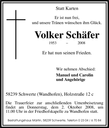 Traueranzeige von Volker Schäfer von Tageszeitung