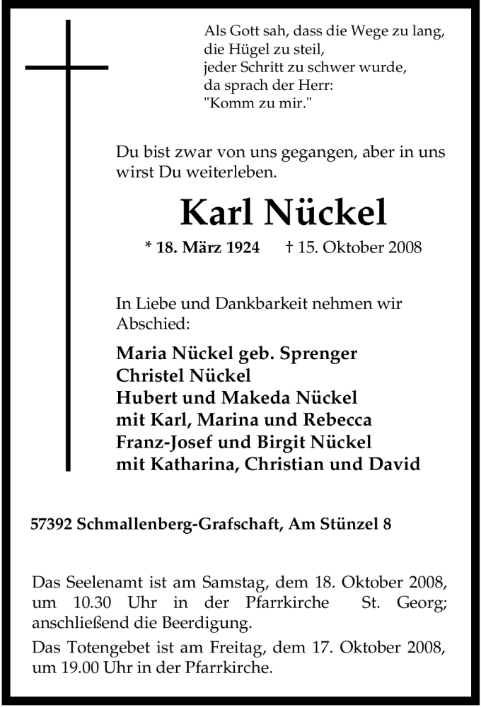  Traueranzeige für Karl Nückel vom 16.10.2008 aus Tageszeitung